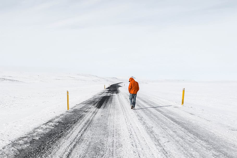 pessoas, homem, caminhando, viagem, ao ar livre, estrada, neve, inverno, campo, temperatura fria
