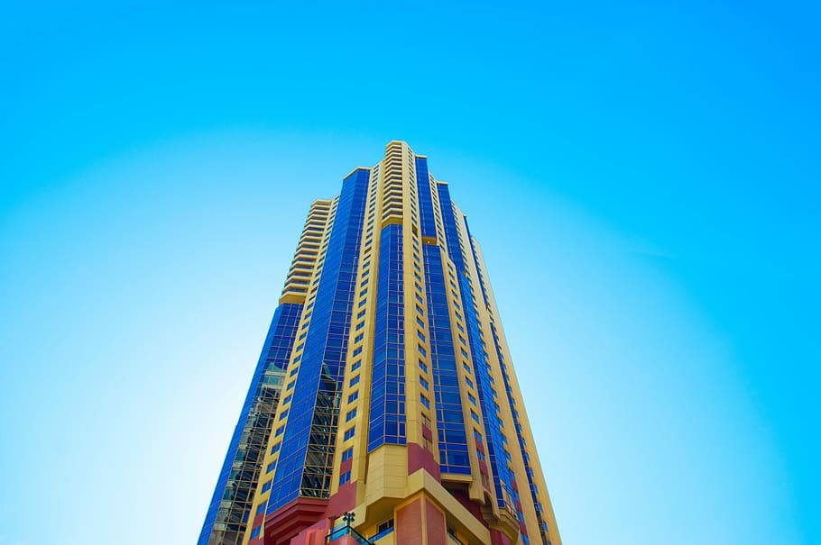 brown, blue, high, rise building, high rise building, architecture, skyscraper, built Structure, urban Scene, sky