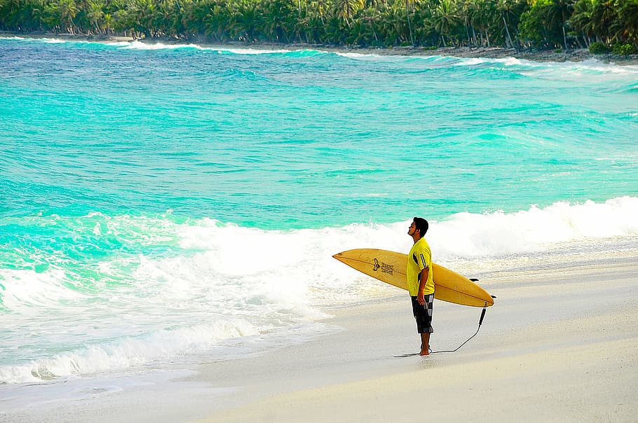 man, holding, yellow, surfboard, beach, atoll, couple, destination, holiday, honeymoon