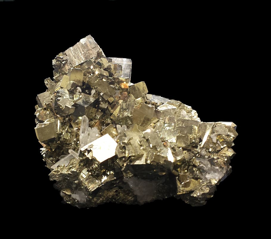 pyrite, fool's gold, specimen, mineralogy, golden, geology, mineral, studio shot, crystal, black background