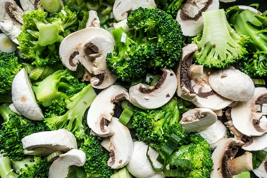 campuran jamur brokoli, Berwarna-warni, brokoli, jamur, campuran, close up, bingkai isi, sehat, sayuran, makanan
