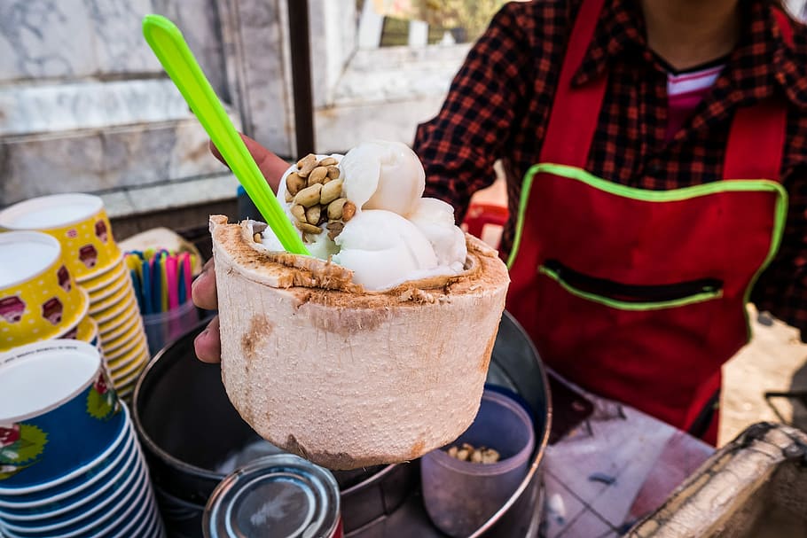 melayani, segar, es krim kelapa, muda, es kelapa, es krim, di muda, kelapa muda, kelapa, makanan penutup