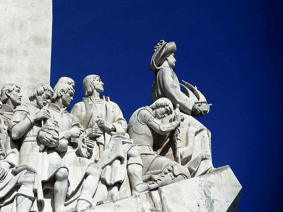 group, people statues, lisbon, monument to the discoveries, portugal, explorers, statue, sculpture, history, day
