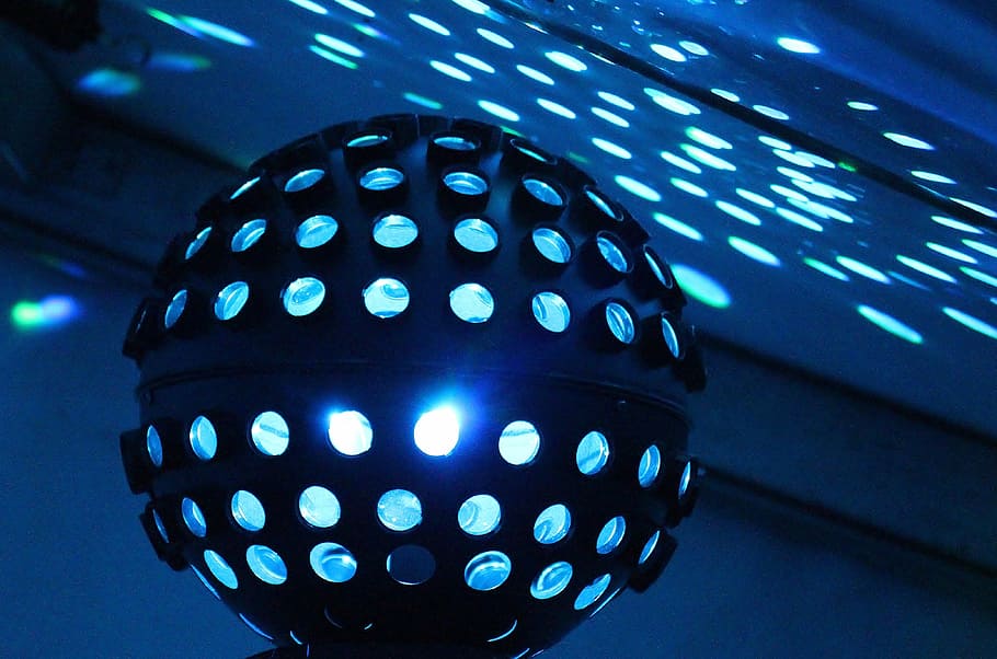 lit disco ball, dj, disco, lighting, party, celebration, music, nightclub, hang up, pop music
