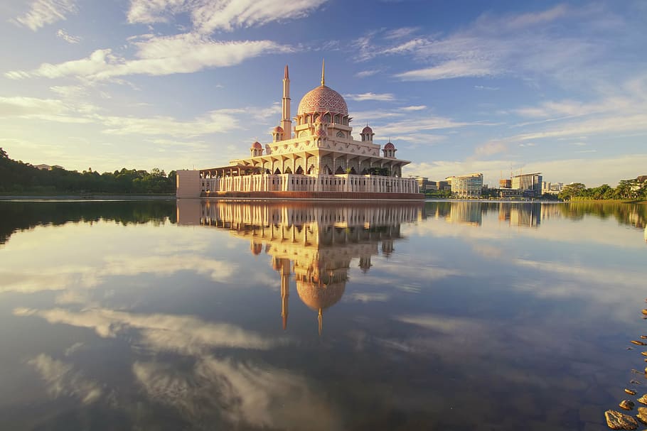 white, mosque, blue, sky, background, building, lake, reflection, architecture, infrastructure