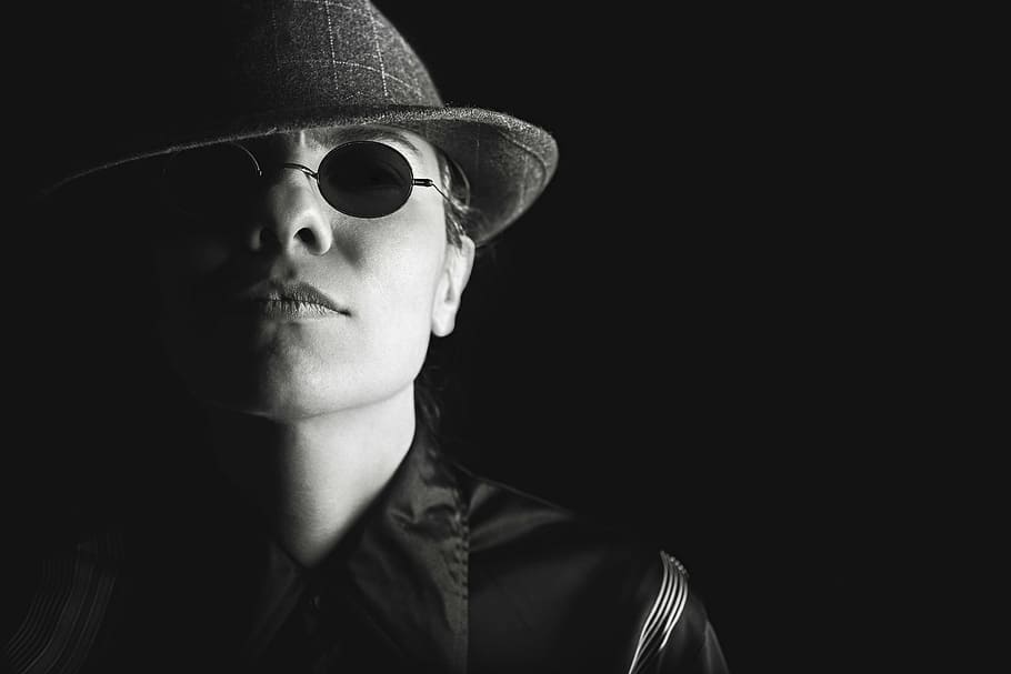 man, wearing, gray, fedora hat, grayscale, person, hat, sunglasses, collared, shirt