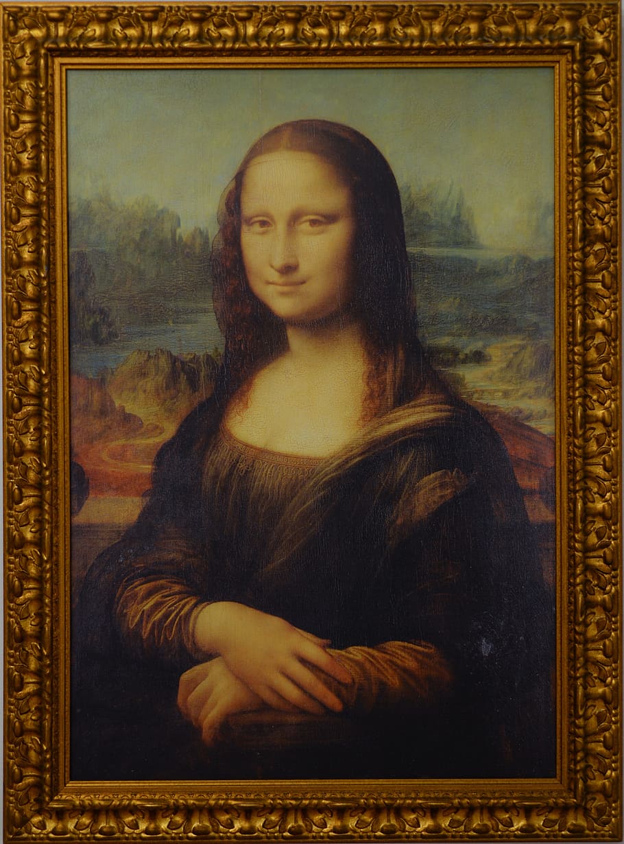 mona lisa painting, brown, wooden, frame, copy, mona lisa, painting, portrait, picture frame, people