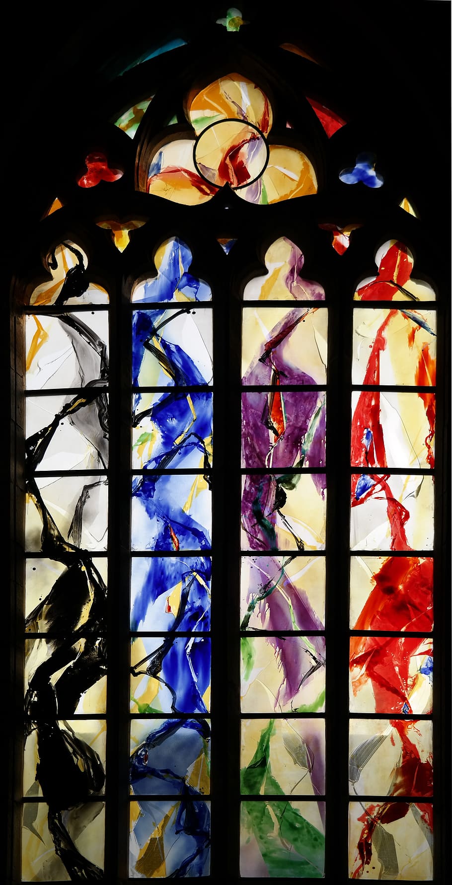 church window, liege, cathedral, trinity, liège, belgium, colorful, yellow, red, blue