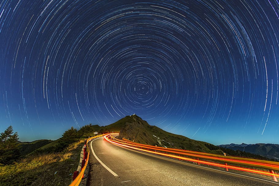 timelapse photo, concrete, highway, mountains, road, night, evening, sky, lights, pavement