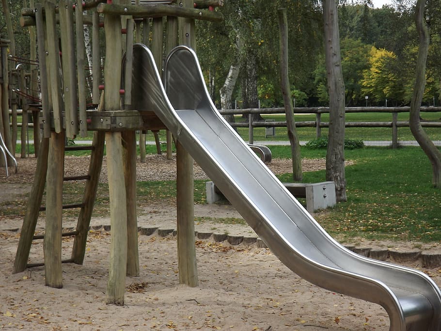children, playground, slide, play, game devices, lonely, sand, park, plant, park - man made space