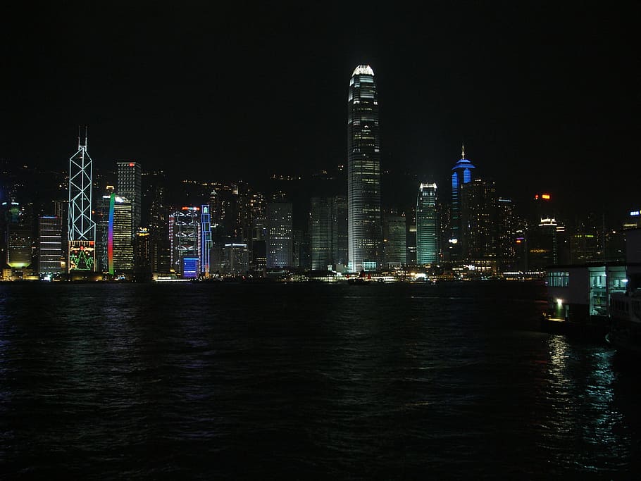 cidade, noite, mar, financeiro, hong kong, exterior do edifício, arquitetura, estrutura construída, construção, água