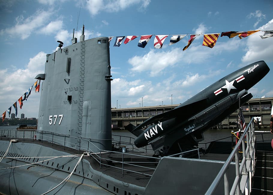 Submarino, barco, navio de guerra, barco submarino, marinha dos eua, militar, porto, ancorado, cidade de nova york, close-up