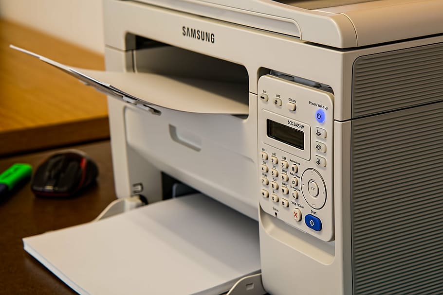 white, samsung multi-function printer, printer, desk, office, fax, scanner, home office, technology, duplicator