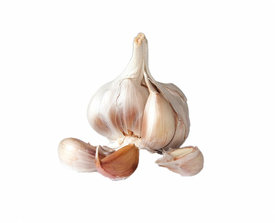 white garlic, garlic, bulb, clove, cloves, skin, close-up, details, isolated, white