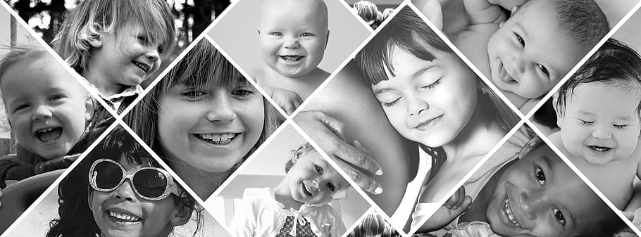 collage de imágenes infantiles, fotomontaje, niños, risa, alegría, blanco y negro, grupo de personas, niño, felicidad, infancia