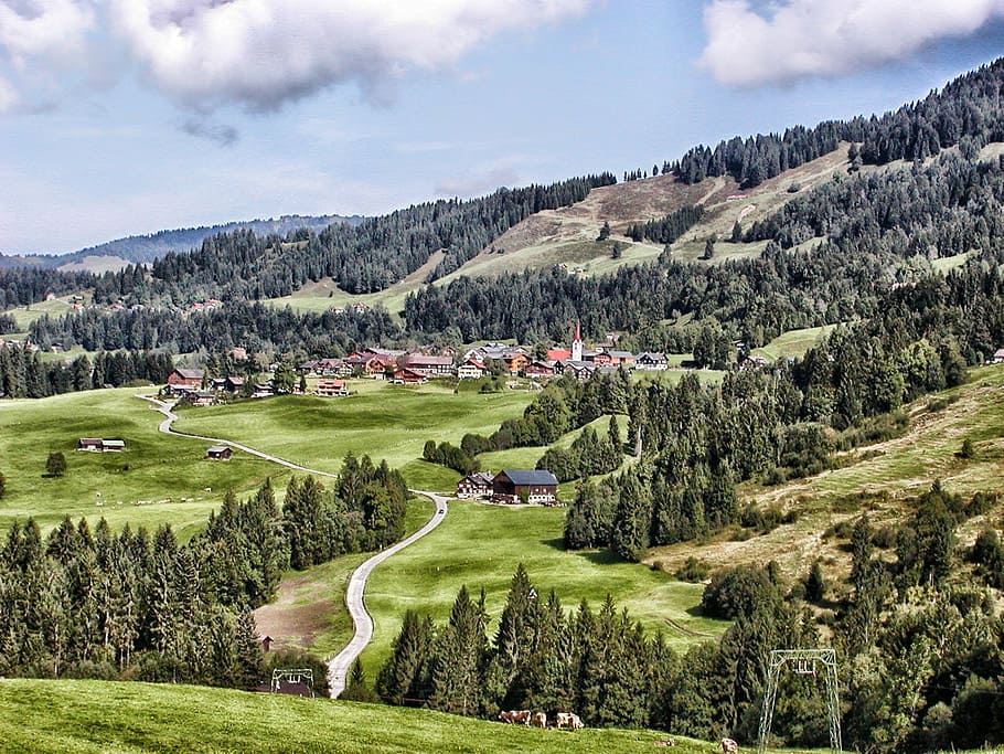 sibratsgfall, austria, landscape, scenic, mountains, village, buildings, forest, trees, woods