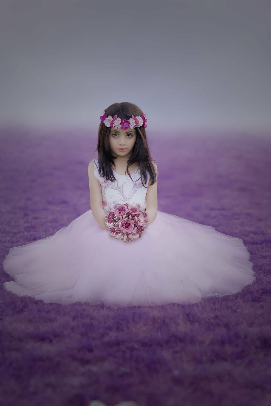 girl, wearing, white, dress, holding, bouquet, flower, little, child, young
