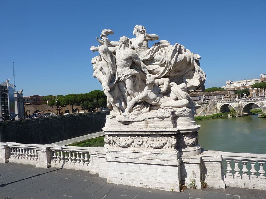 escultura, puente, roma, río tíber, punto de referencia, monumento, italiano, arte, estatua, arquitectura