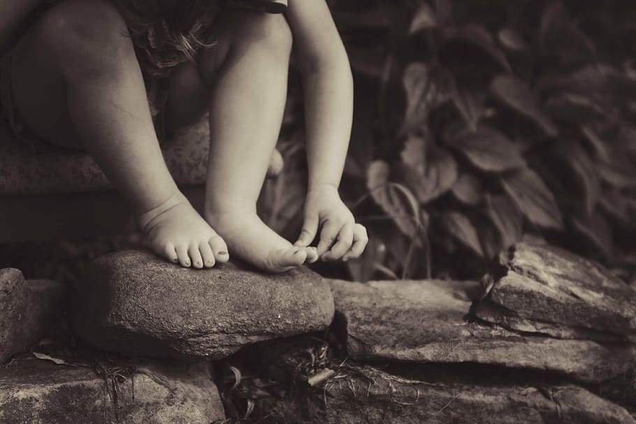 toddler, sitting, brown, rock, rocks, people, kid, child, nature, leaves
