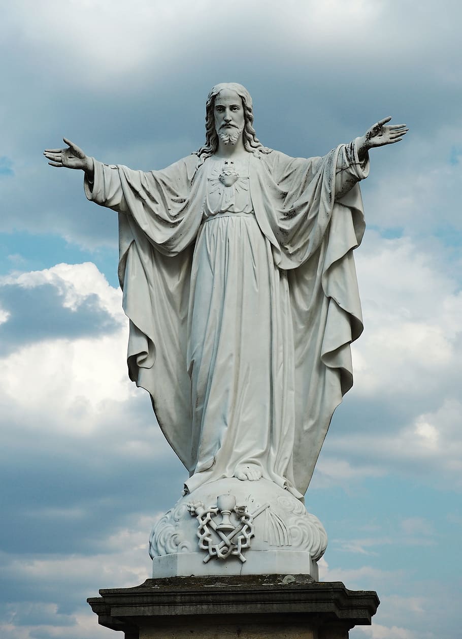 religious, statue, blue, sky, white, clouds, daytime, jesus, the heart of jesus, god