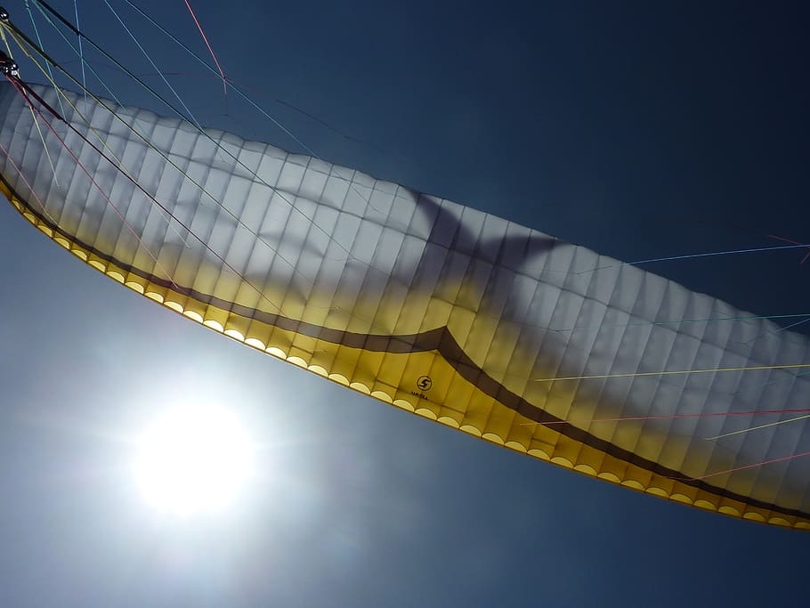paragliding, sky, sun, screen, canvas, team 5, blue, low angle view, nature, lens flare