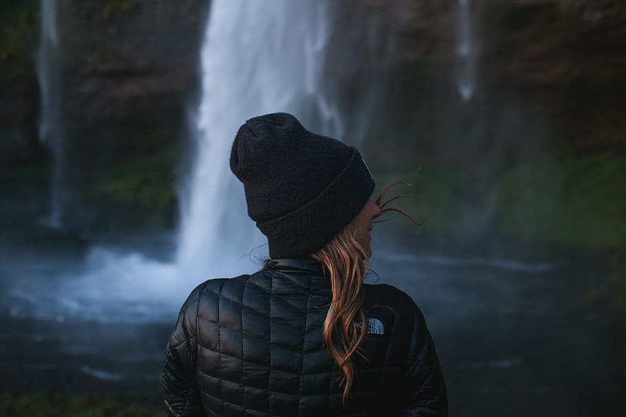 woman, standing, front, waterfalls, black, jacket, knit, cap, girl, lady