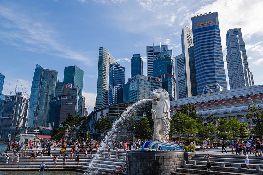 singapore, merlion, merlion park, city, building, commercial, financial center, finance building, architecture, built structure