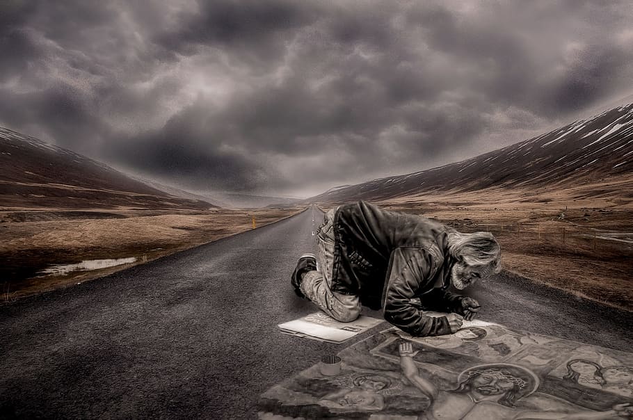 man, kneeling, road artwork, artists, road, painter, painting, art, human, background