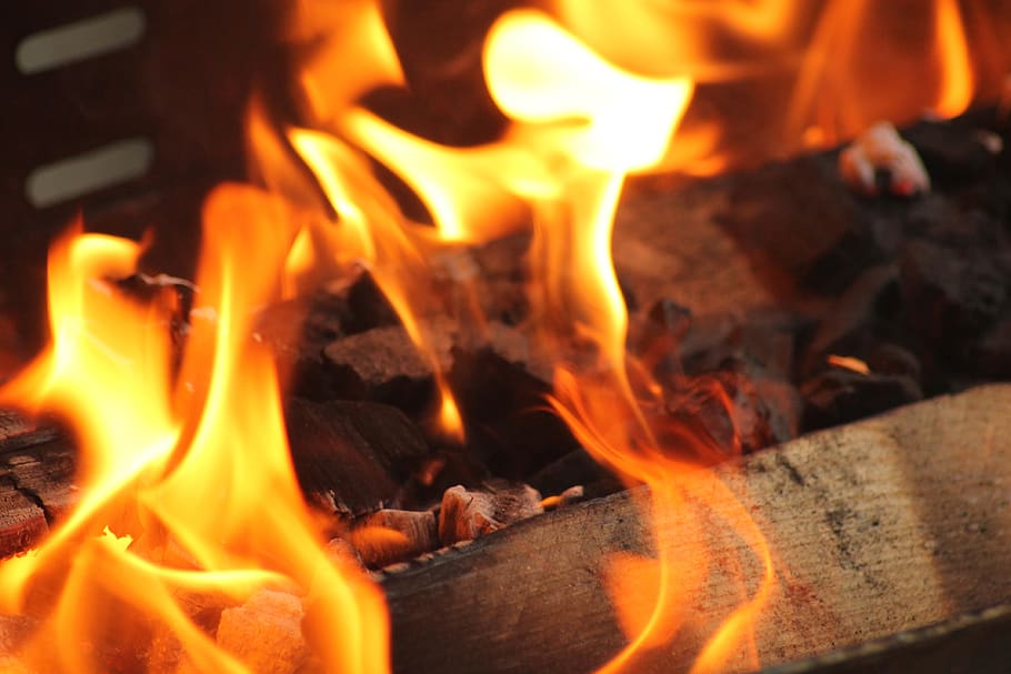 barbacoa, fuego, madera, llamas, incandescente, ascua, resplandor, parrilla, calor, ardor