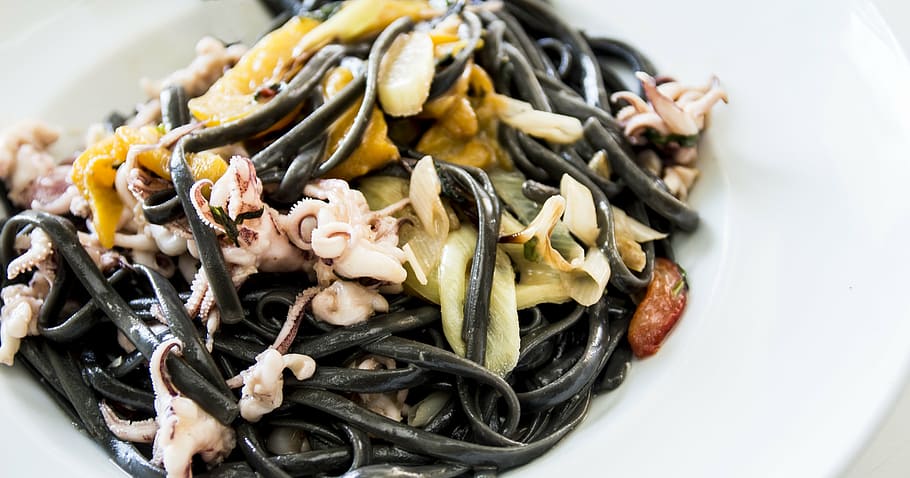 linguini negro, mariscos, pastas, linguini, negro, italiano, espagueti, plato, cocina, saludable