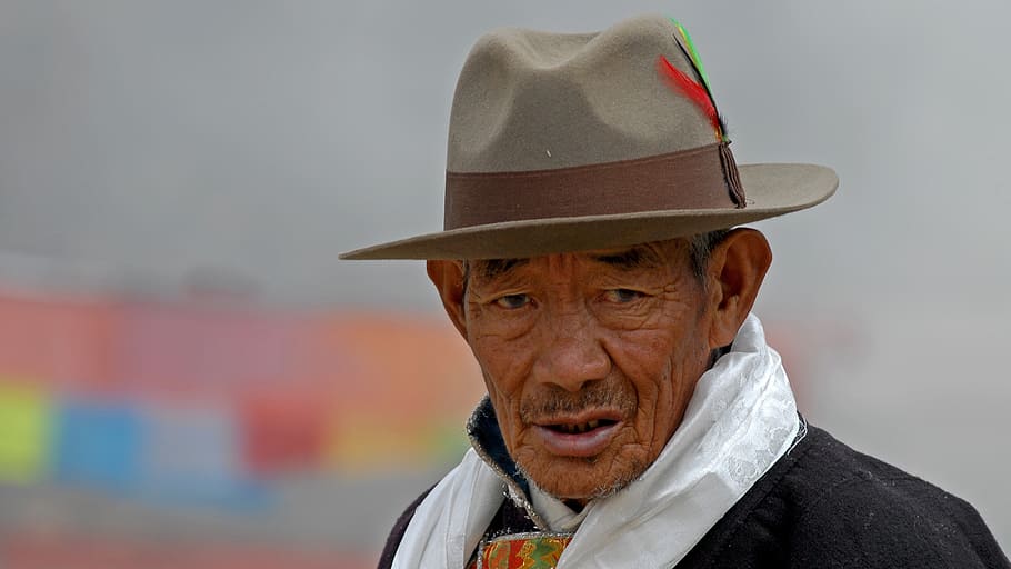 man, wearing, brown, fedora hat, grey, scarf, tibet, hat, person, men