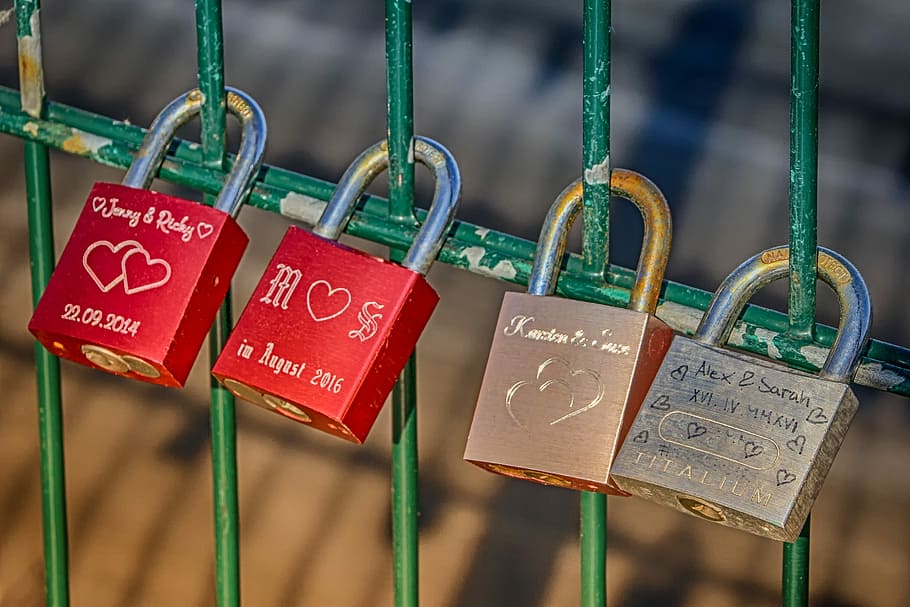four, padlocks, green, fence, love, loyalty, oath, love locks, promise, romantic