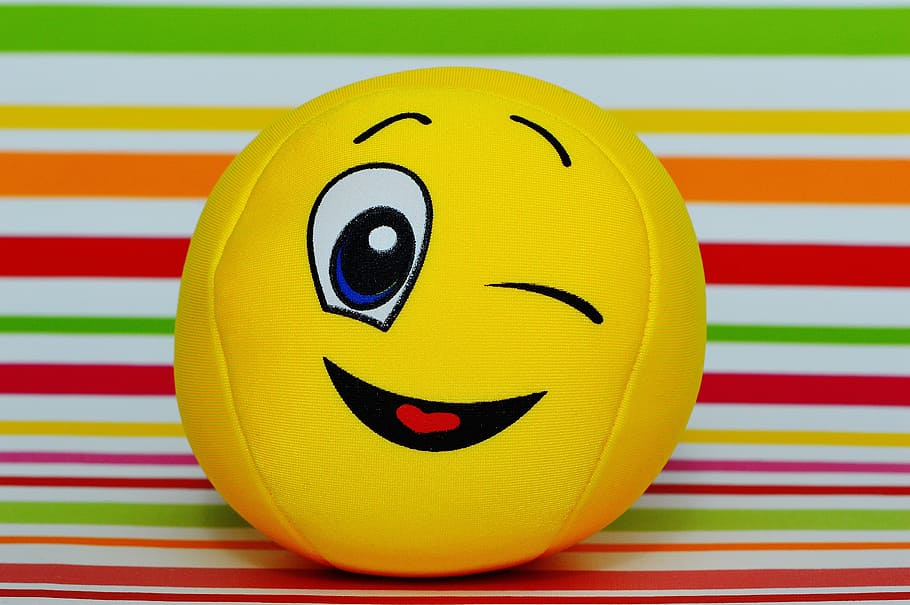 winking emoji-printed ball, smiley, wink, funny, yellow, sweet, cute, face, fun, friendly