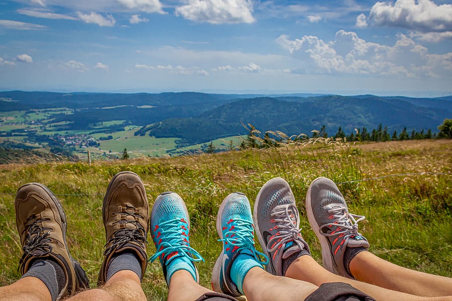 Hiking, kenaikan, lelah, beristirahat, bersantai, alam, pemandangan, pengembara, sepatu, sepatu mendaki