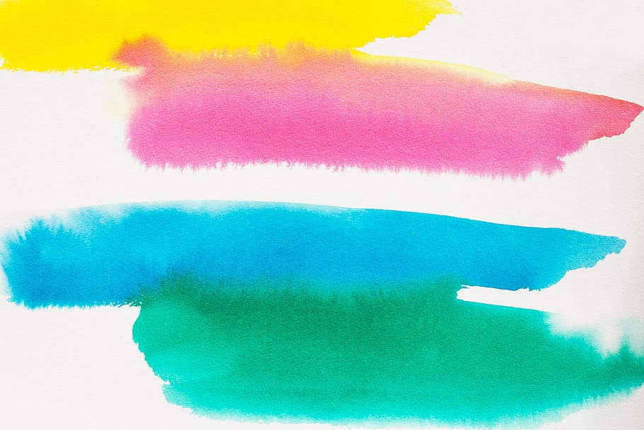 pink, yellow, teal, green, paint swatches, blue, color, watercolour, painting technique, soluble in water