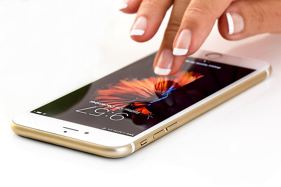 женщина, рука женщины, используя, мобильный, смартфон, Женщина, рука, iPhone, технология, бизнес