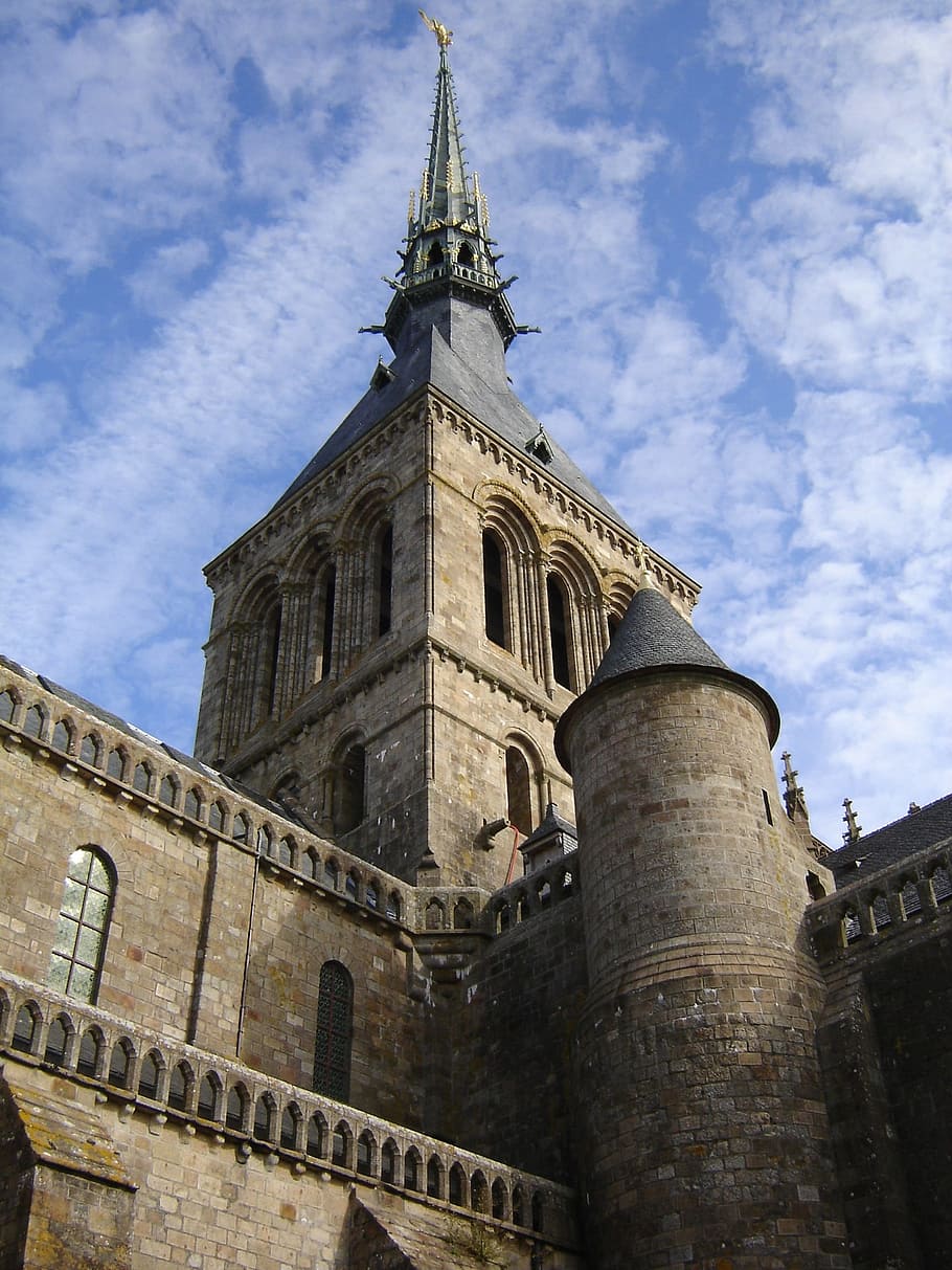 church, steeple, spire, le mont saint michel, normandy, france, built structure, architecture, sky, building exterior
