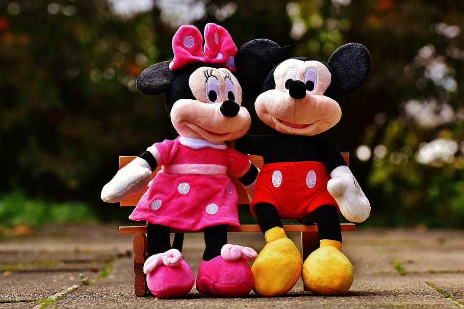 minnie mouse, mickey mouse, sitting, bench, plush, toys, disney, mickey, minnie, mice