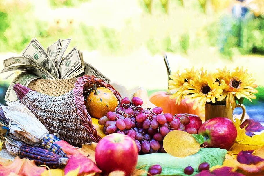 fruits, cornucopia, basket, food, apple, abundance, orange, grape, thanksgiving, autumn