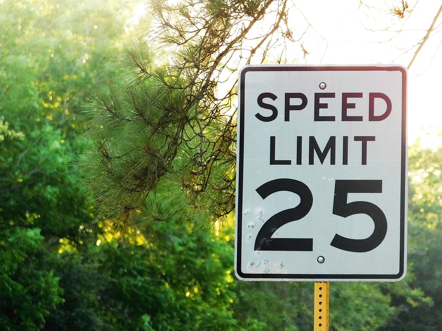 speed, limit, 25, road, sign, tree, truck, lead, usa, signal