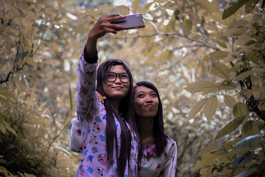 two, women, taking, outdoors, Girl, Leaf, Photo, selfi, young, take a photo