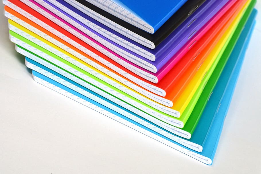 pilha, livro, branco, superfície, cadernos, cor, colorido, arco-íris, saturado, a cor da