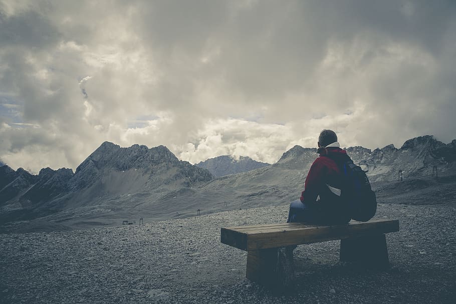 people, man, sitting, alone, bench, outdoor, highland, landscape, mountain, clouds