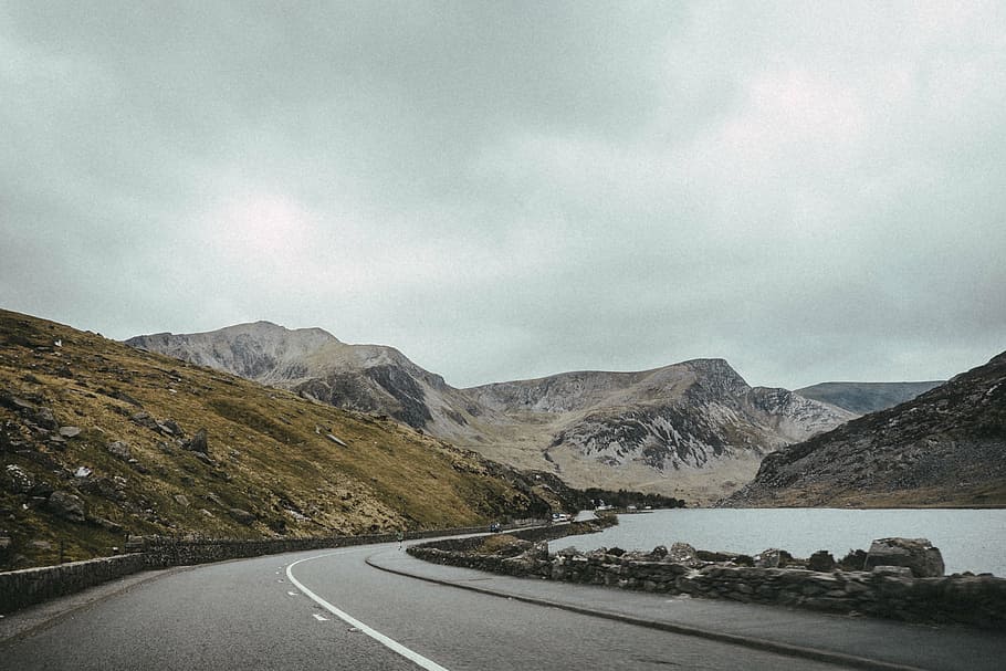 empty, road, body, water, travel, adventure, mountain, vacation, clouds, sky