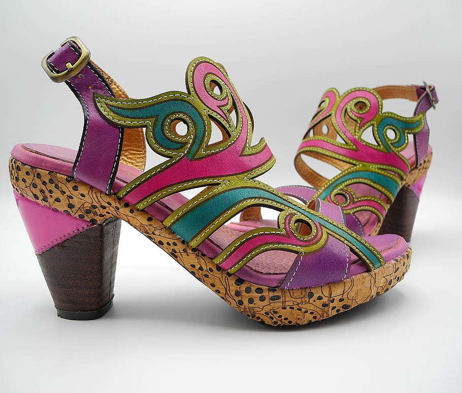 Sandalias, zapatos, zapatos de mujer, zapatos de tacón alto, moda, rosa, morado, verde, abigarrado, color