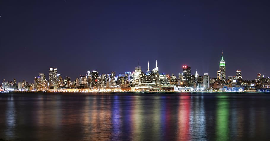 panorámica, fotografía, paisaje urbano del horizonte, noche, Nueva York, ciudad, nuevo, York, Manhattan, horizonte de la ciudad de Nueva York