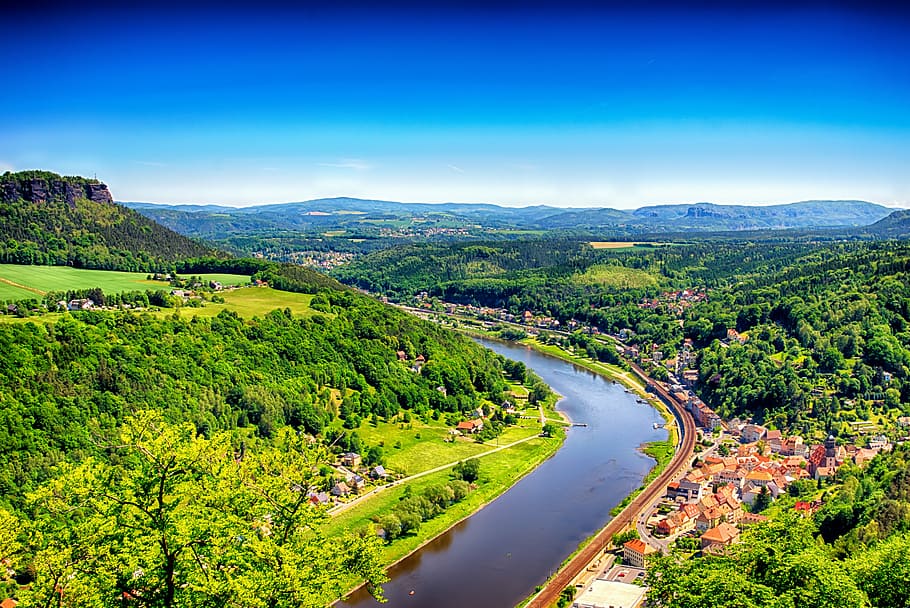 bird-eye, view photography, city, body, water, surrounded, trees, landscape, elbe valley, saxon switzerland