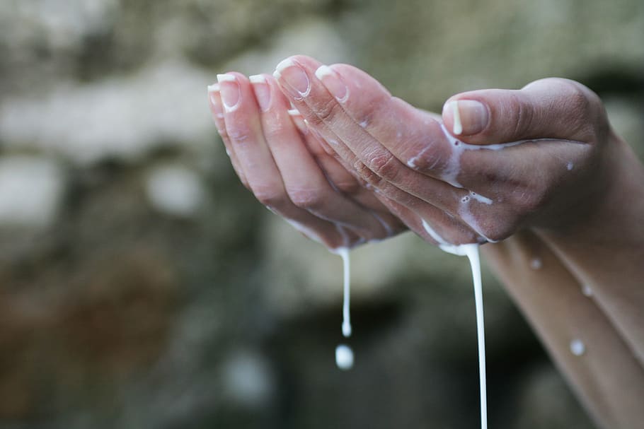 selective, focus photography, person, hand, holding, white, liquid, hands, prayer, milk