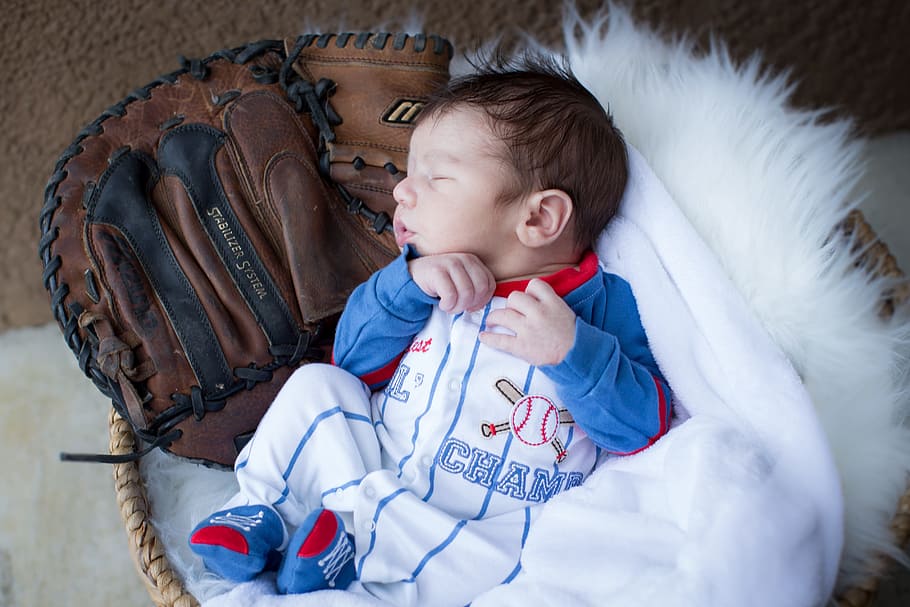 baby, sleeping, basket, catchers mitt, newborn, baseball, glove, adorable, daddy's boy, boy
