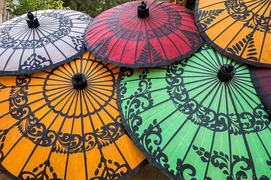 umbrella, sunshade, travel, myanmar, pattern, protection, multi colored, security, close-up, market